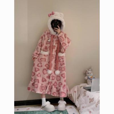 hellokitty睡袍珊瑚绒睡衣女冬季加绒加厚连帽睡袍可外