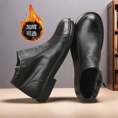 新款马丁靴头层牛皮休闲拉链皮靴中帮皮鞋中年真皮切尔西男靴男鞋