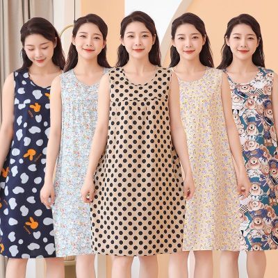 睡裙夏季绵绸睡衣薄款无袖裙子人造棉连衣裙中老年大码宽松居家服优惠券