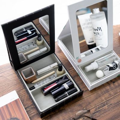 日系可爱少女收纳整理桌面化妆镜加厚化妆品收纳盒单面镜折叠镜子