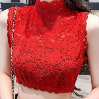 抖音同款秋冬新款大码百搭时尚假领子高弹力蕾丝背心女套头打底衫