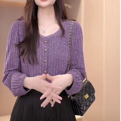 圆领保暖法式洋气秋冬长袖打底衫蕾丝花边新款香风时尚休闲衬衫女
