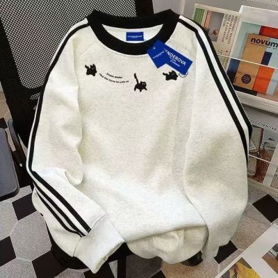 美式三条杠圆领卫衣女2024秋冬加绒百搭中长款涂鸦印花潮牌上衣服