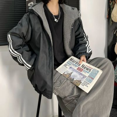 拉德情侣三条棉衣皮衣棉服宽松夹克潮牌美式潮流羊羔绒连帽外套