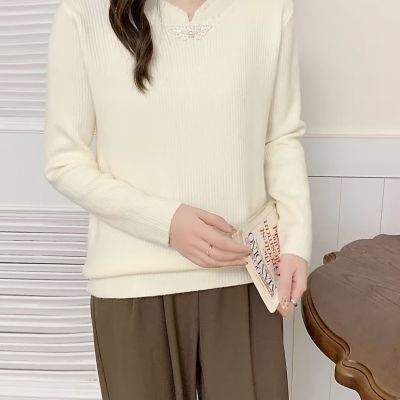 2024冬季新款毛衣女立领钉珠中国风一体绒保暖加厚针织打底衫女