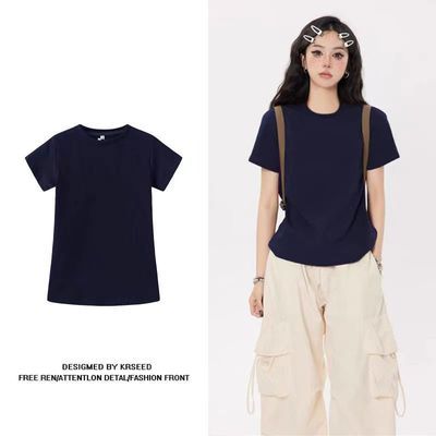 新品正肩显瘦韩版T恤短袖女学生夏季新款修身藏青色纯棉上衣ins潮优惠商品图片
