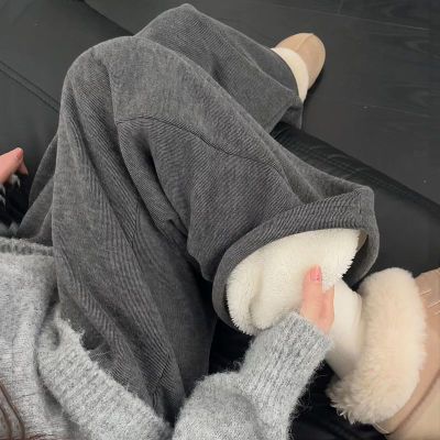灰色羊羔绒糯米裤女秋冬新款加绒加厚保暖显瘦棉裤外穿休闲阔腿裤