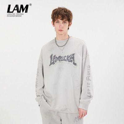 LAMLICKA美式做旧字母印花圆领卫衣男复古潮街头套头廓形上衣宽松