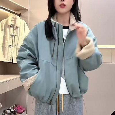 派克服女立领2026早春新款加绒抽绳工装小个子羊羔毛棉服短款外套