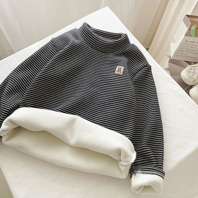 儿童秋冬新款德绒加绒加厚半高领条纹打底衫男宝女宝内搭保暖衣