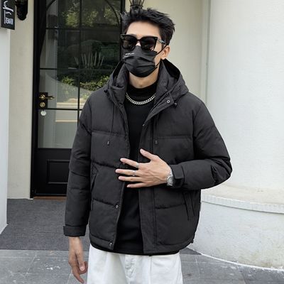 连帽羽绒服男士2024新款冬季加厚保暖潮牌暗花外套白鸭绒冬装时尚