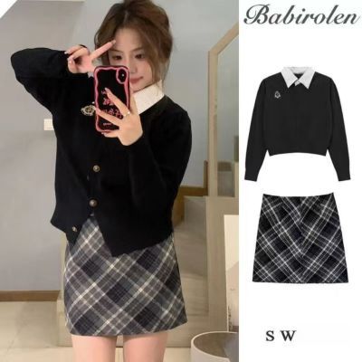 学院风秋冬季假两件针织衫格纹半身裙包臀裙套装开衫毛衣两件套女