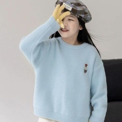 女童高品质不起球一体绒圆领针织洋气打底加绒加厚公主风毛衣