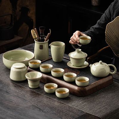 哥窑功夫茶具套装家用新中式陶瓷泡茶茶壶盖碗茶杯一整套开片可养