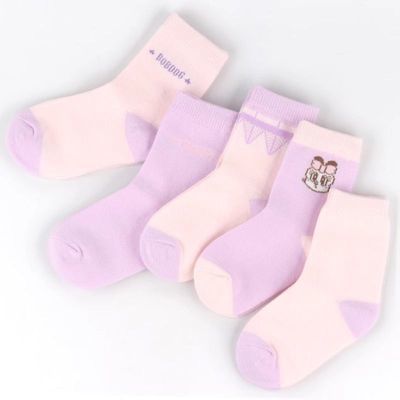 巴布豆5双装7A抗菌秋款棉袜女童粉紫款中筒可爱宝宝卡通婴儿a类袜