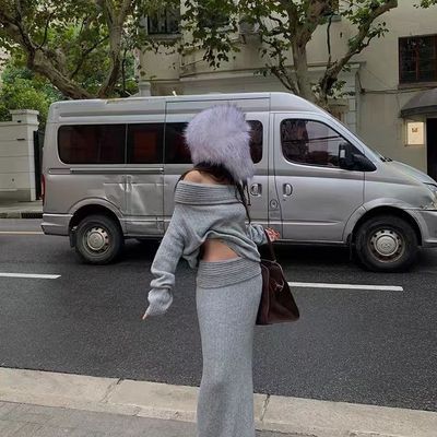 新款翻领露肩设计感针织高腰时尚包臀半裙时髦减龄套装女