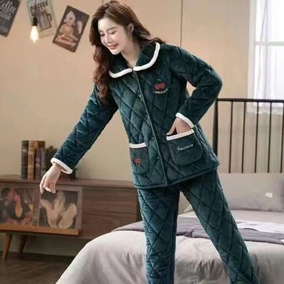 睡衣女冬季加厚加绒珊瑚绒夹棉中老年法兰绒妈妈家居服套装秋冬款