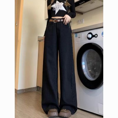大码胖mm复古牛仔裤女春秋新款高腰宽松显瘦辣妹百搭直筒黑色裤