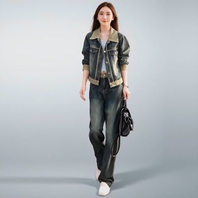 牛仔套装女2025年春秋季新款减龄复古短外套阔腿裤洋气撞色两件套