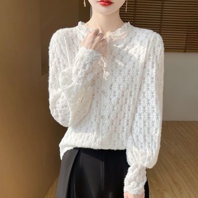 中国风新款女士春秋精纺蕾丝花朵chic民族风修身洋气打底衫Z58