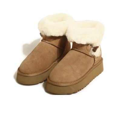 厚底牛角新款雪地靴女皮毛羊皮加绒冬季加厚保暖棉鞋高筒新年翻边