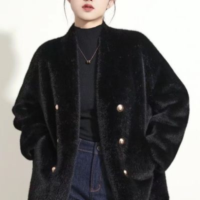 新款2024皮毛一体冬季宽松大衣短款皮草水貂外套加厚废土风上衣