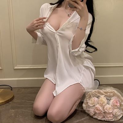半透明性感男友衬衫睡衣春秋睡裙冰丝家居服薄款套装纯欲风男友风