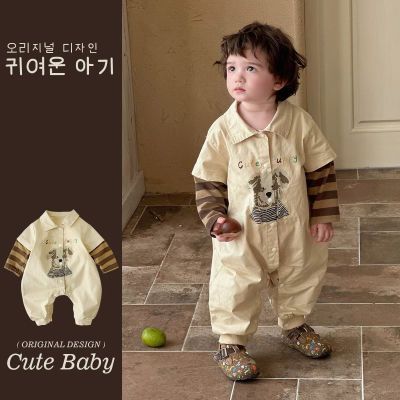 婴幼儿春季新款连体衣宝宝洋气休闲翻领假两件卡通小狗外出爬服潮