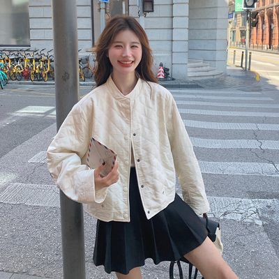白色菱格小香风外套女春秋新款韩系简约休闲百搭小个子夹克上衣潮
