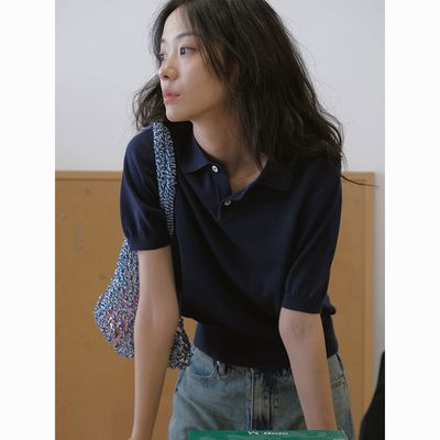 藏蓝色冰丝针织polo衫正肩短袖t恤女夏季薄款法式高级感翻领