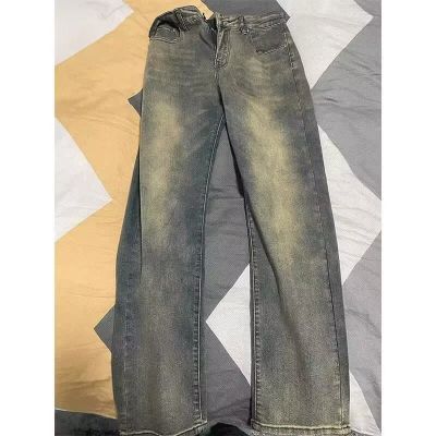 复古蓝窄修身牛仔裤男美式高街裤子宽松国潮显高显瘦微喇直筒长裤