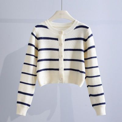 韩版短款条纹小个子针织衫长袖开衫外套圆领毛衣2024 春季新款