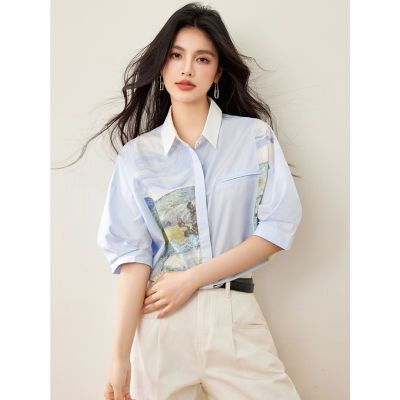 设计感亲肤透气印花拼接短袖宽松衬衫女2025夏季新款灯笼袖上