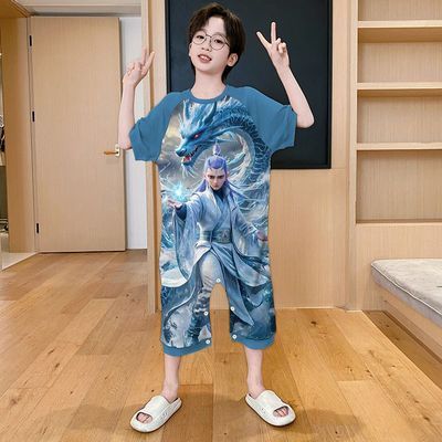 哪吒敖丙夏季儿童睡衣连体纯棉薄款男童家居服男孩中大童卡通睡袋