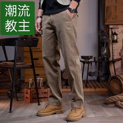 【爆款】潮牌美式复古春夏季卡其色男潮流宽松工装裤具有流苏口袋