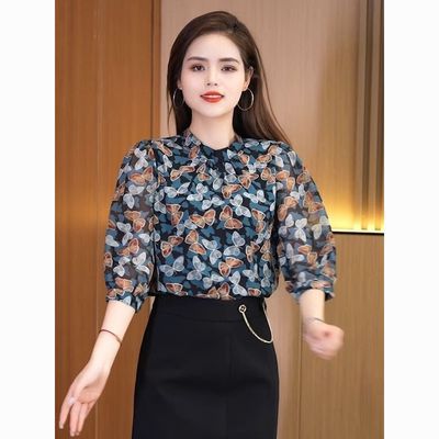 时尚春夏新款气质七分袖洋气时尚印花碎花遮肚显瘦百雪纺上衣女