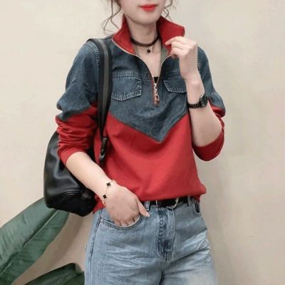 牛仔拼接卫衣女款2026秋季新款休闲韩版宽松百搭立领显瘦薄款上衣