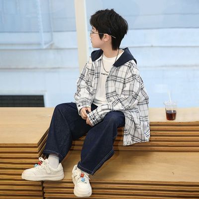 男童衬衫春装2025新款男生春秋款连帽外套男大童初春休闲格子