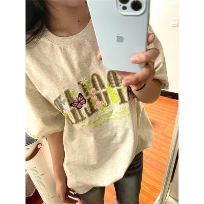 【纯棉】【前后刺绣】美式复古学院风短袖t恤女INS超火学生上