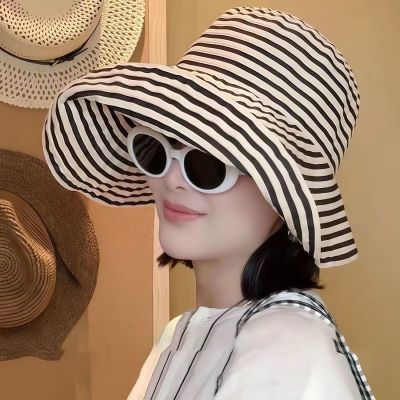 日系可折叠夏季条纹遮阳帽渔夫帽新款防晒帽子时尚盆帽大头太阳帽