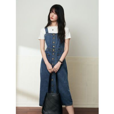 尤登崔单排扣无袖牛仔背带裙春夏款收腰显瘦小个子气质吊带裙