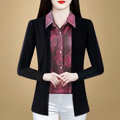 洋气妈妈装假两件雪纺衫女2025早春新款拼接时尚百搭印花衬衫
