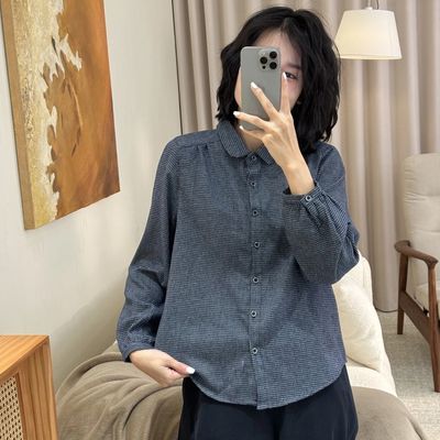 长袖纯棉格子衬衫女春季2025新款法式复古小衫内搭叠穿打底衫