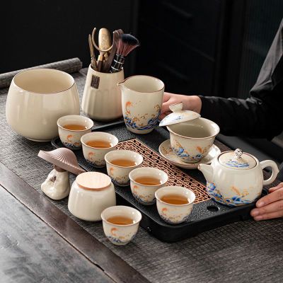 汝窑功夫茶具套装家用客厅陶瓷茶壶盖碗茶盘全套办公室高档泡茶杯
