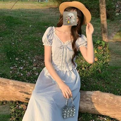 甜美法式拼接套装春日清新的兰黛计划短袖泡泡袖设计夏日必备