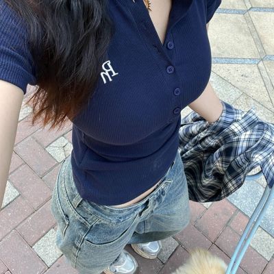 国潮复古藏青色短袖t恤女紧身显瘦高级感名媛气质休闲百搭上衣女