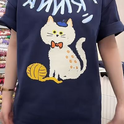 可爱小白猫印花短袖t恤网红小众夏季新品ins纯棉上衣遮肉外穿