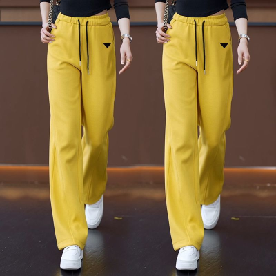 黄色窄版阔腿运动裤女春秋新款高腰垂感宽松休闲裤垂感显瘦直筒裤