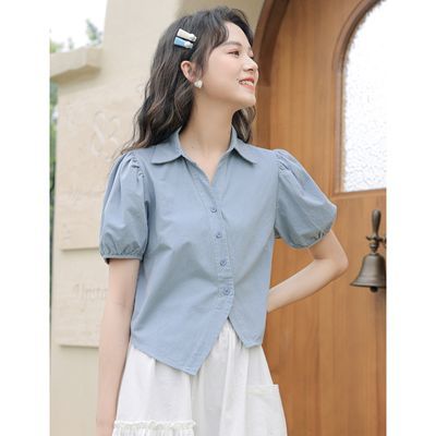 2025夏新款法式甜美不规则泡泡短袖衬衫女设计感小众短款Po