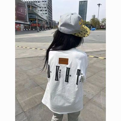 美式百搭痞帅重磅纯棉短袖T恤男字母印花宽松休闲高级感情侣上衣